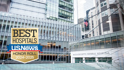 Mass General as seen from the Charles River, with the U.S. News and World Report "Best Hospitals Honor Roll 2024-25" badge overlaid